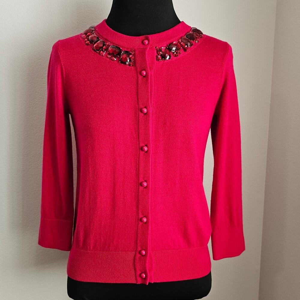 Kate Spade Pink Cotton Wool Rabbit Hair Jeweled Beaded Neck Cardigan Sweater XS